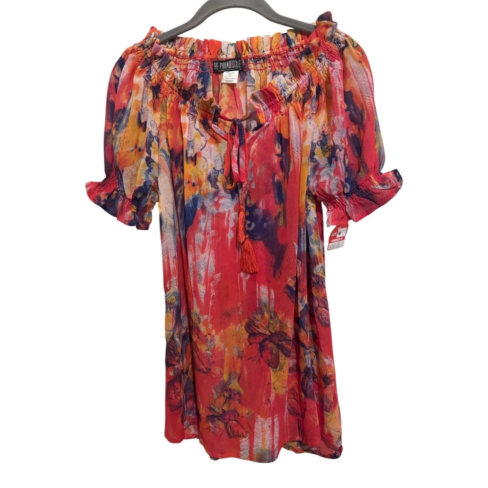 The Pyramid Collection Peasant Top Womens M Red Abstract Boho Chiffon Blouse
